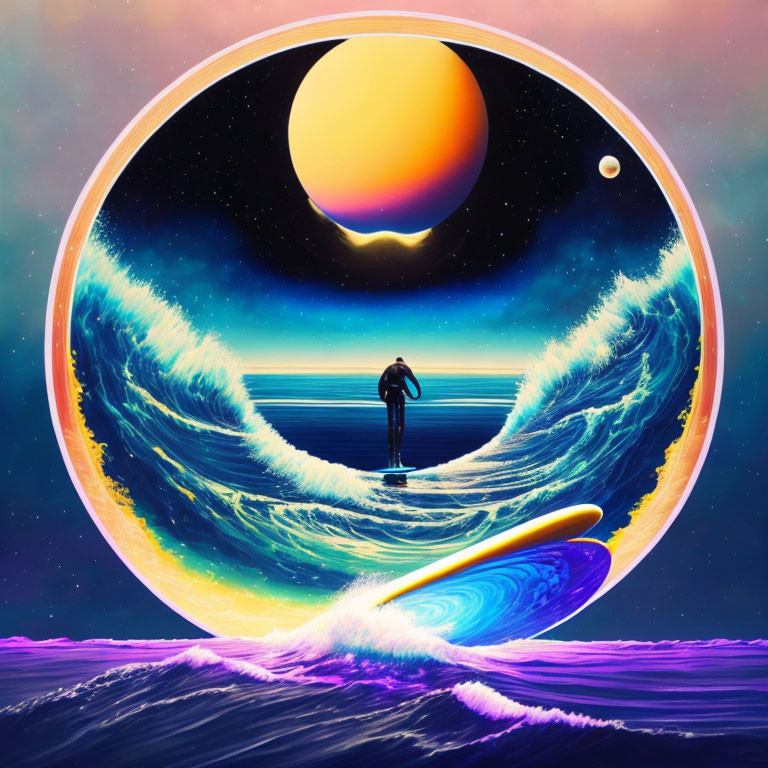 Person surfing cosmic wave in circular frame with celestial background.