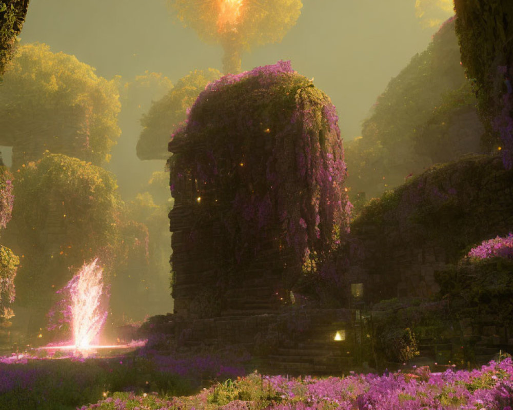 Fantasy landscape with glowing tree, ruins, and mystical orb