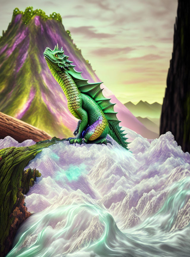 Green Dragon Perched on Cliff with Mountain Backdrop