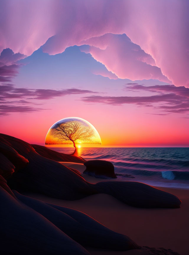 Colorful beach sunset with surreal tree in transparent sphere amid pink clouds and calm waves