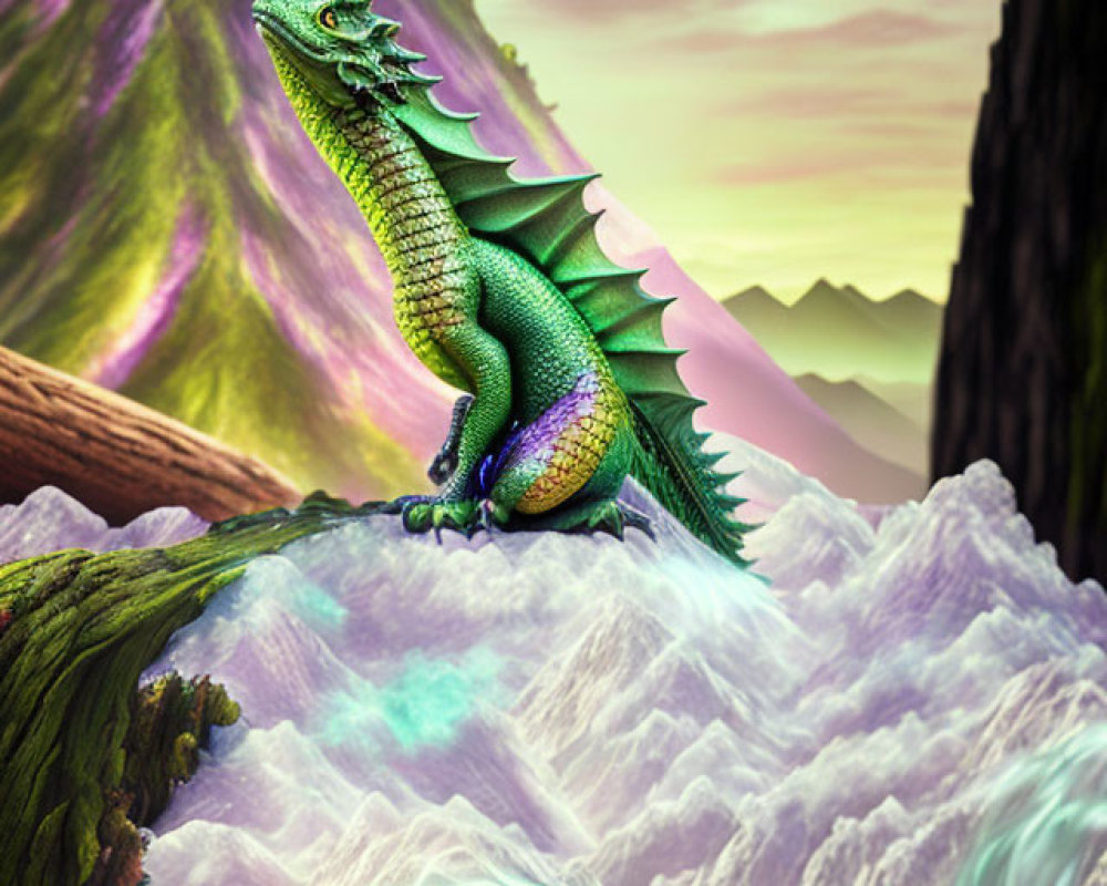 Green Dragon Perched on Cliff with Mountain Backdrop