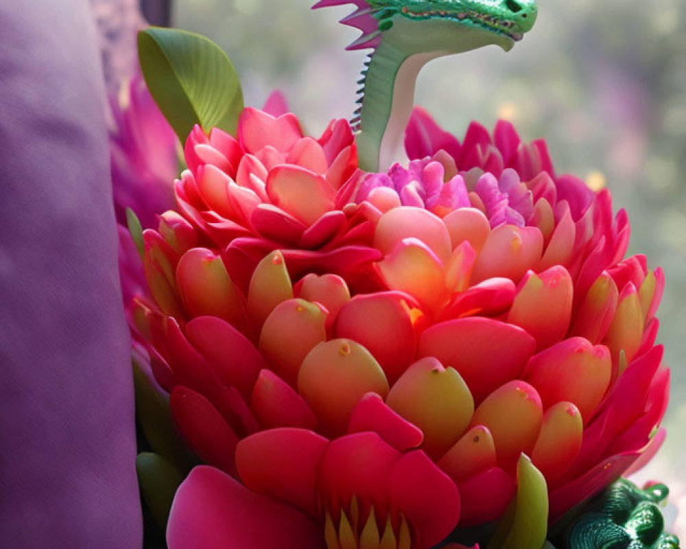 Colorful artificial flower arrangement with green dragon head and purple cushion.