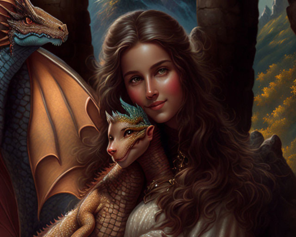 Fantasy portrait of woman with long hair and small dragon, larger dragon in background.