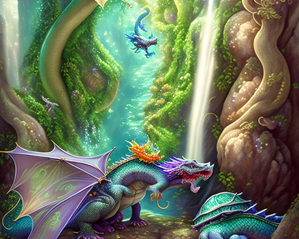 Fantasy illustration: Dragons in enchanted forest with lush trees, river, sunlight.