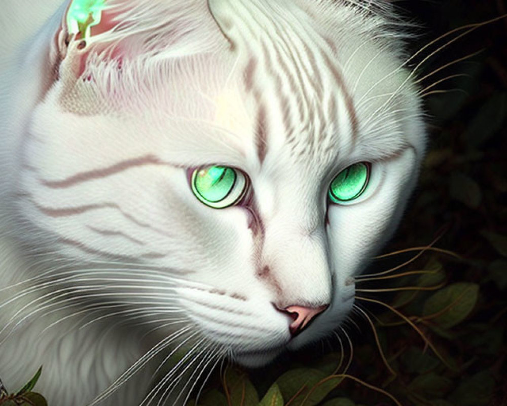 White Cat with Green Eyes in Green Leaves