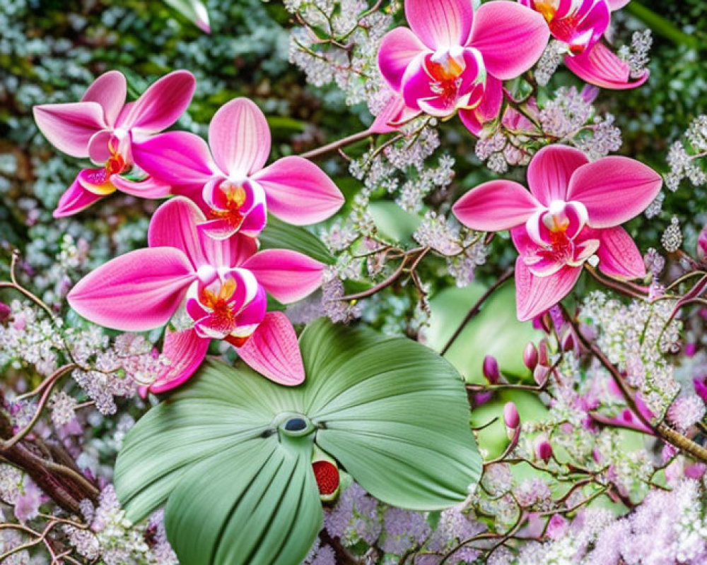 Colorful pink orchids with yellow and red center, white flowers, and green foliage.