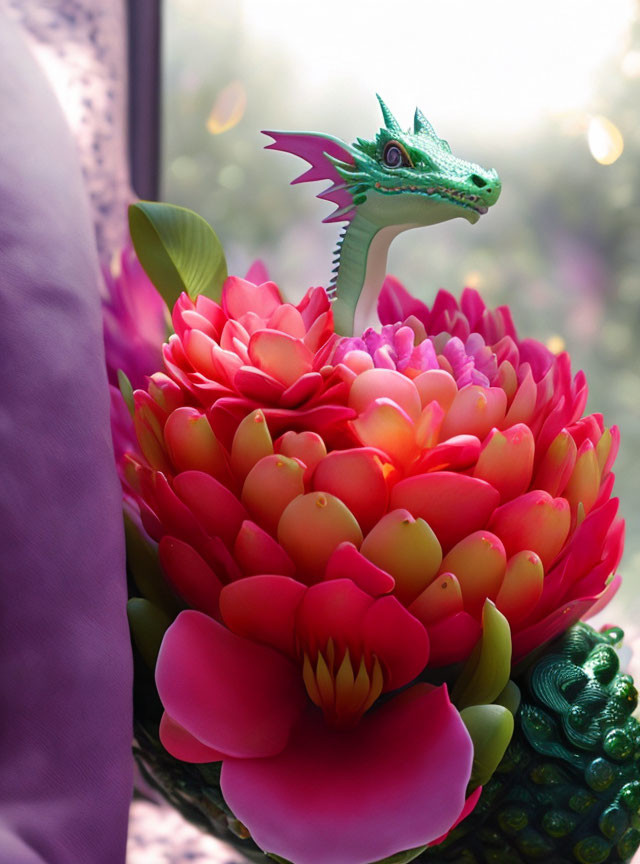 Colorful artificial flower arrangement with green dragon head and purple cushion.