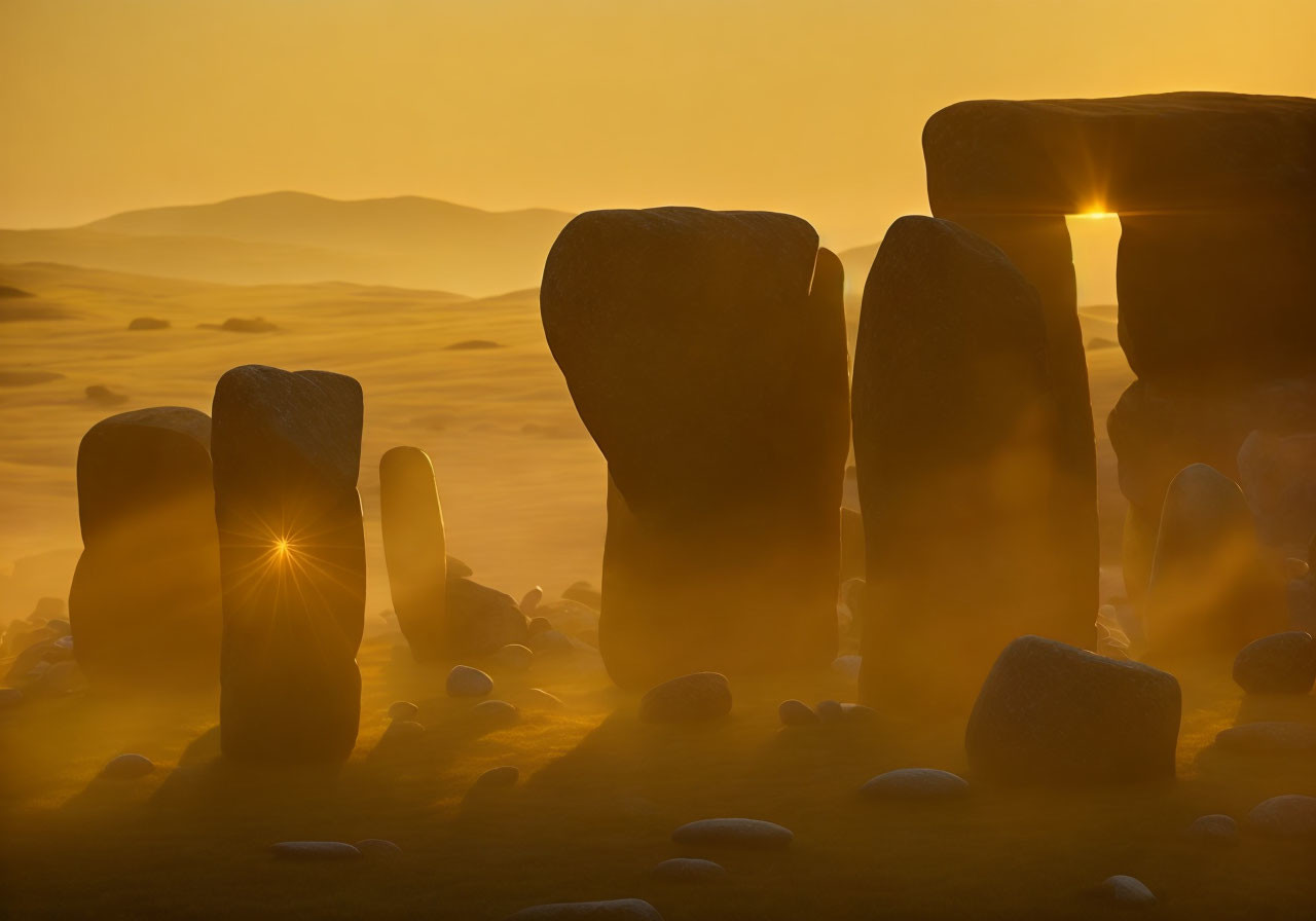 Standing stones in hazy desert sunrise with sunlight peeking through