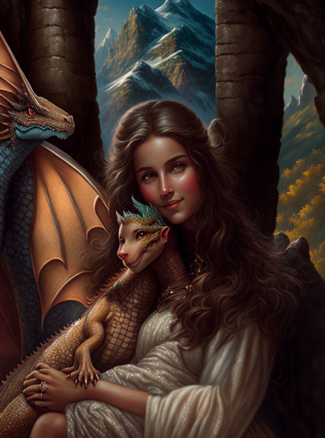 Fantasy portrait of woman with long hair and small dragon, larger dragon in background.