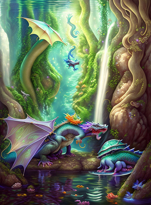 Fantasy illustration: Dragons in enchanted forest with lush trees, river, sunlight.