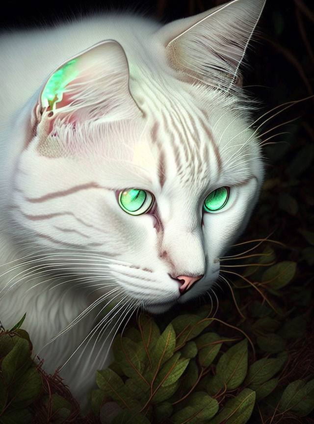 White Cat with Green Eyes in Green Leaves