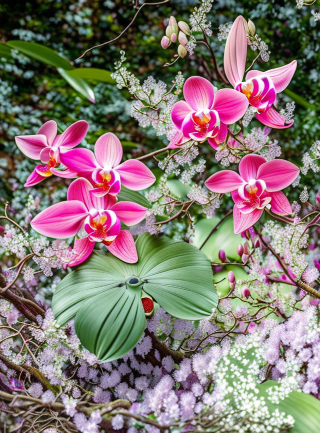 Colorful pink orchids with yellow and red center, white flowers, and green foliage.