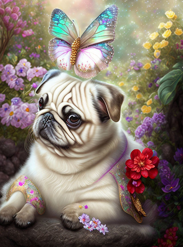 Illustration of pug with butterfly wings in colorful floral setting