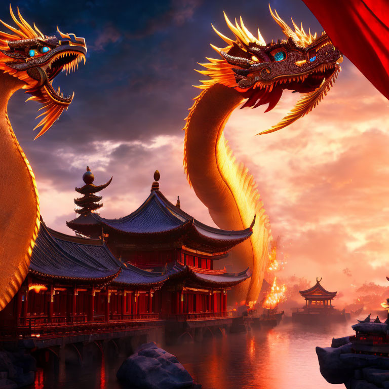 Two dragons circling Asian pagoda at sunset