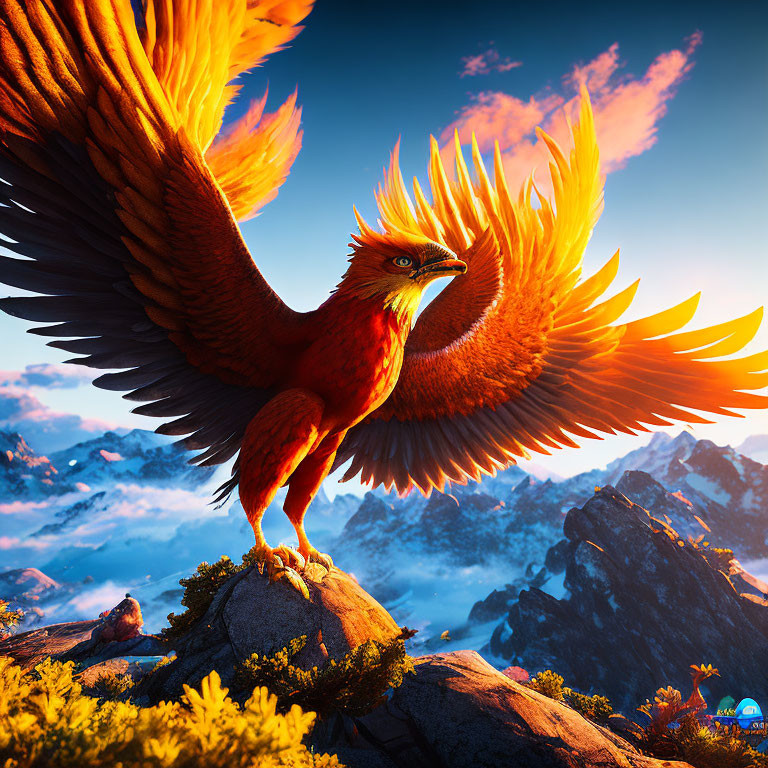 Majestic phoenix with fiery wings on mountain under blue sky