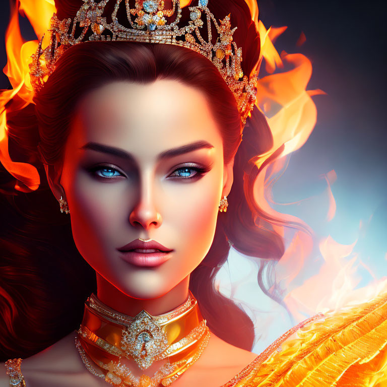 Digital artwork of a woman with blue eyes, crown, jewelry, and flames for a regal and