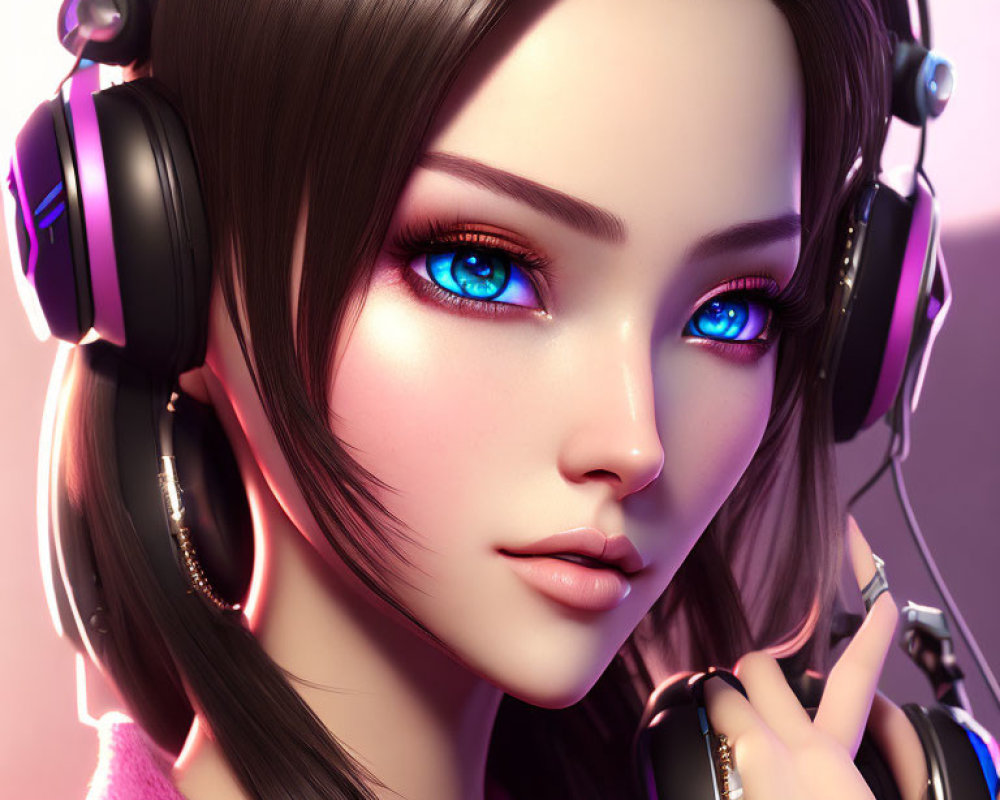 Vibrant blue-eyed woman in 3D with black headphones and pink top