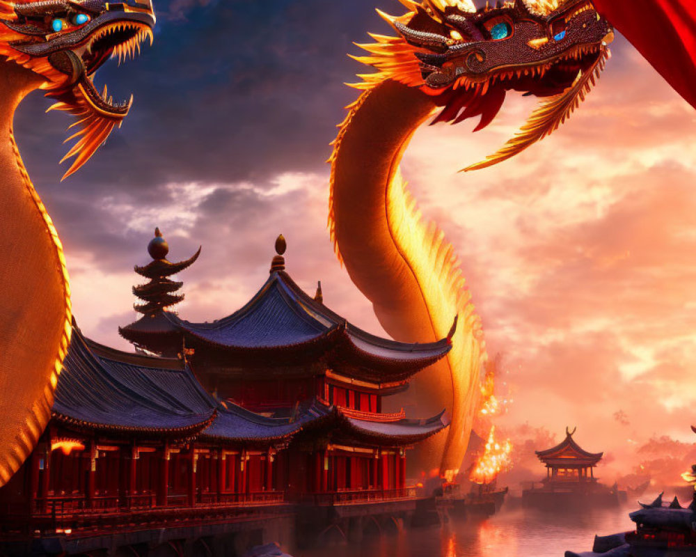 Two dragons circling Asian pagoda at sunset