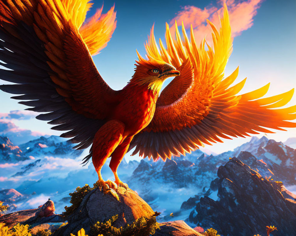 Majestic phoenix with fiery wings on mountain under blue sky