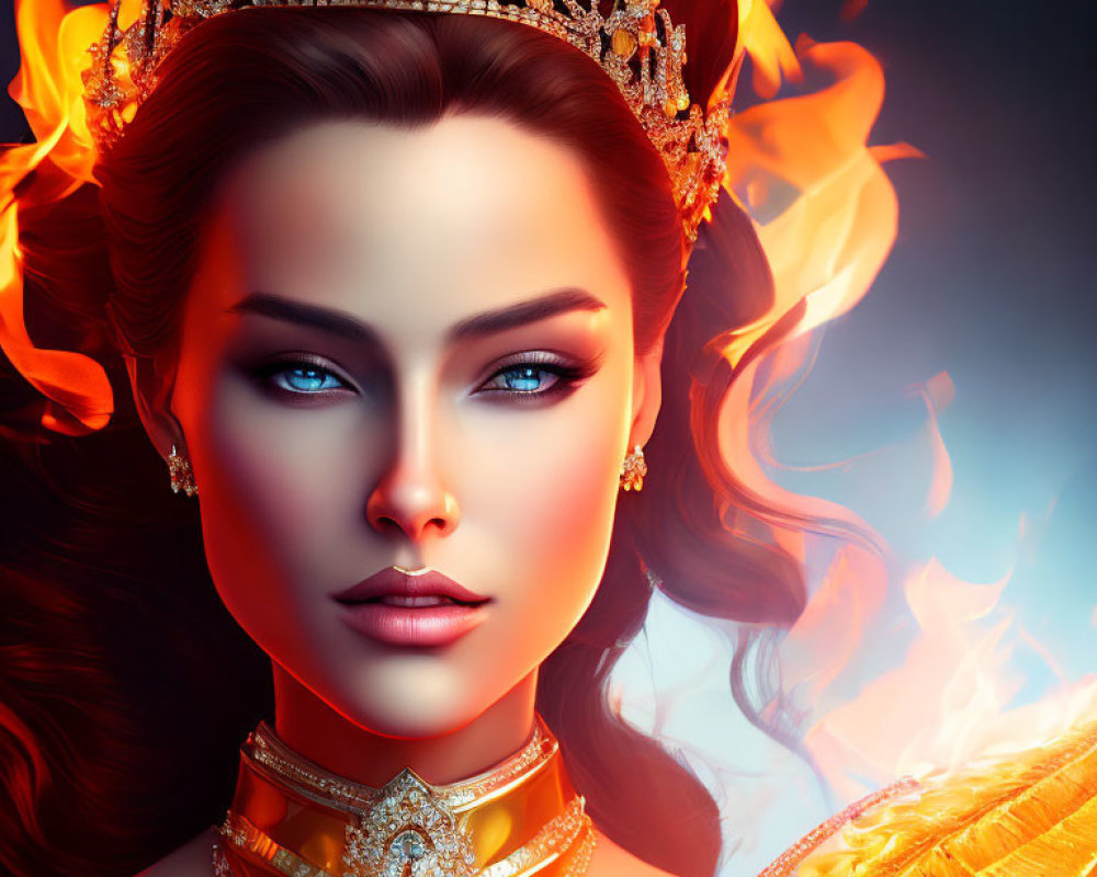 Digital artwork of a woman with blue eyes, crown, jewelry, and flames for a regal and