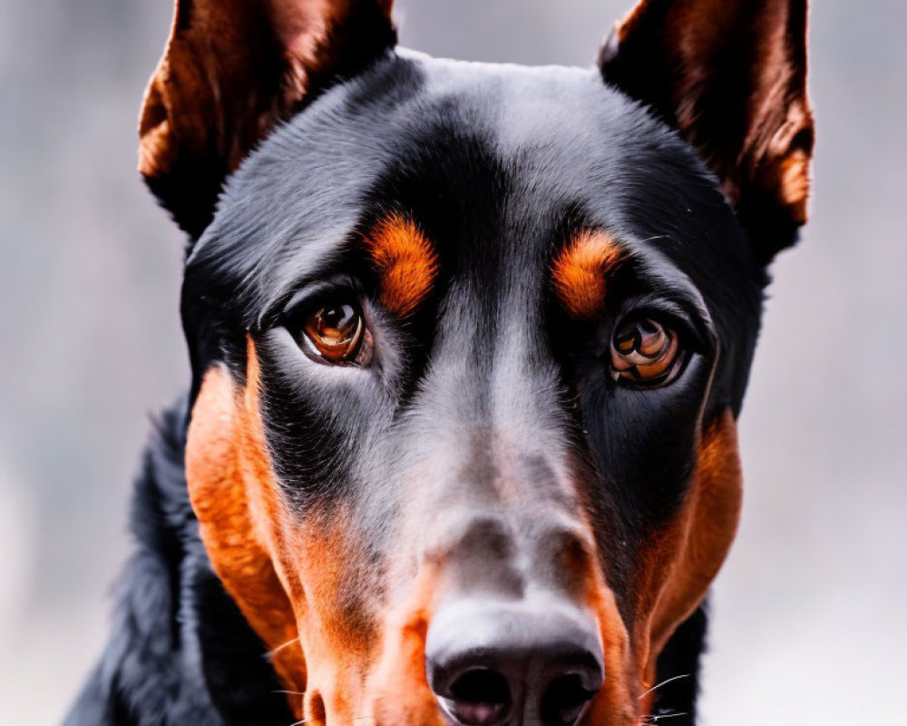 Close-up of Doberman Pinscher with sharp eyes and erect ears