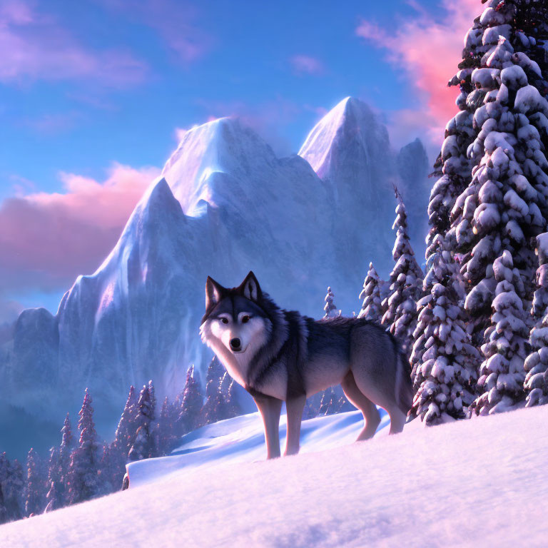 Siberian Husky in Snowy Landscape with Mountains