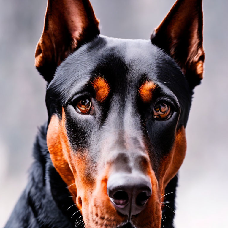 Close-up of Doberman Pinscher with sharp eyes and erect ears