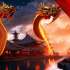 Two dragons circling Asian pagoda at sunset