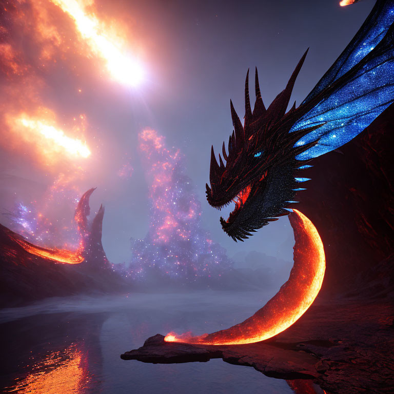 Majestic dragon with glowing blue scales by lava river under cosmic sky