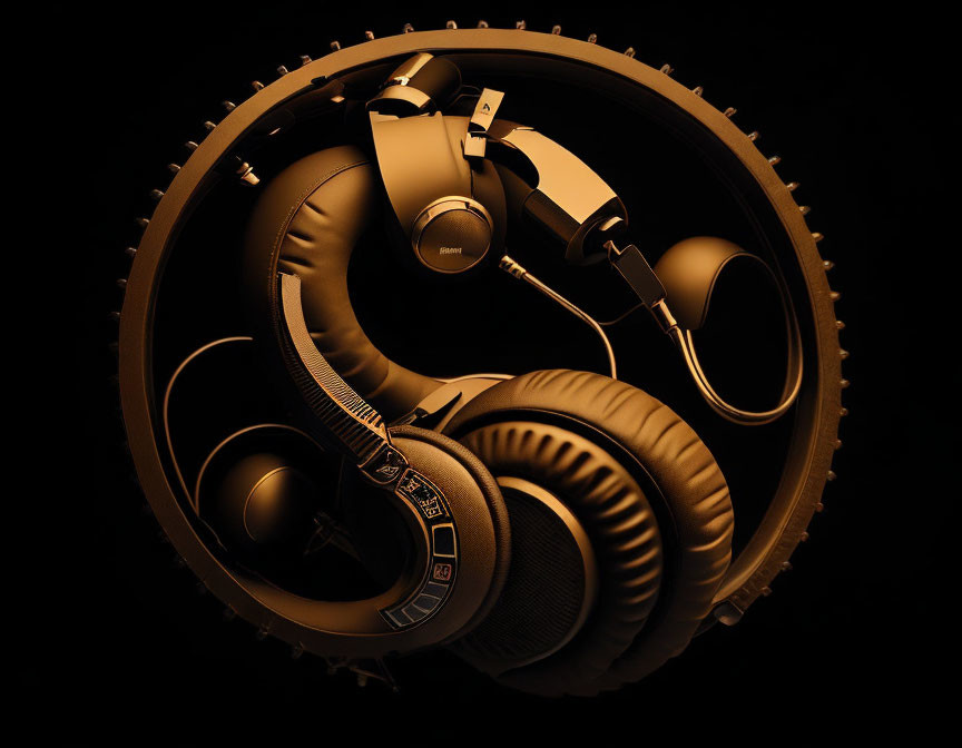 Gold-Plated Headphones with Gear Mechanisms on Dark Background