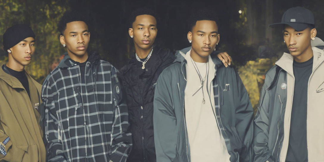 Five young men in stylish casual streetwear posing confidently outdoors