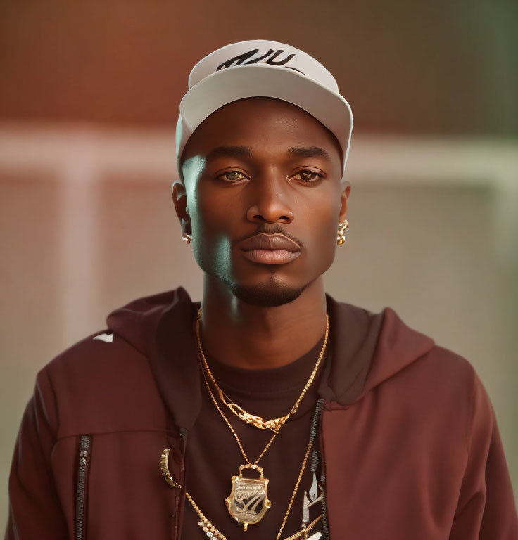 Young man in white cap and dark hoodie with chain pendant, staring at camera