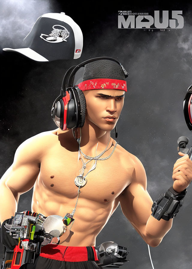 Muscular Shirtless Male Figure in Red Headband and Shorts Holding Microphone