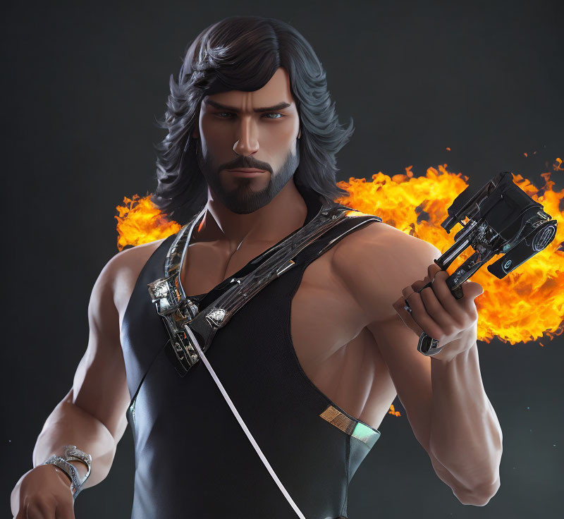 Muscular animated male character with long black hair holding futuristic gun in fiery backdrop