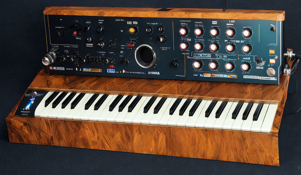 Classic Wooden Case Keyboard Synthesizer with Knobs and Switches