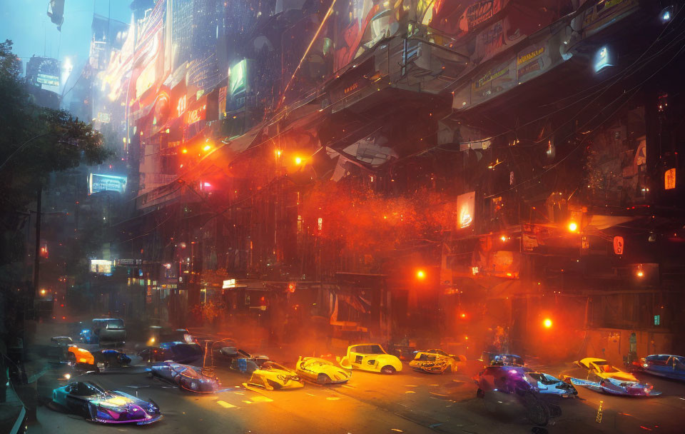 Futuristic neon-lit cityscape with flying vehicles and billboards