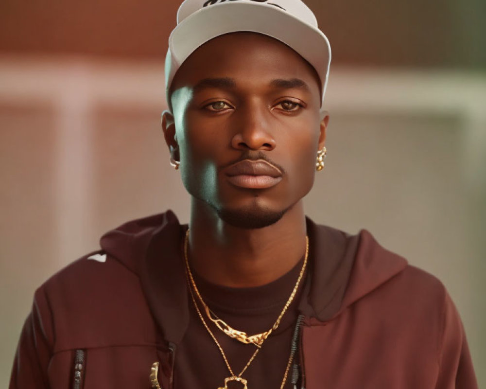 Young man in white cap and dark hoodie with chain pendant, staring at camera