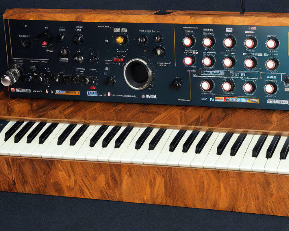 Classic Wooden Case Keyboard Synthesizer with Knobs and Switches