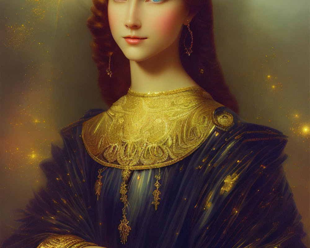 Portrait of a regal woman in gold-embellished blue dress and halo