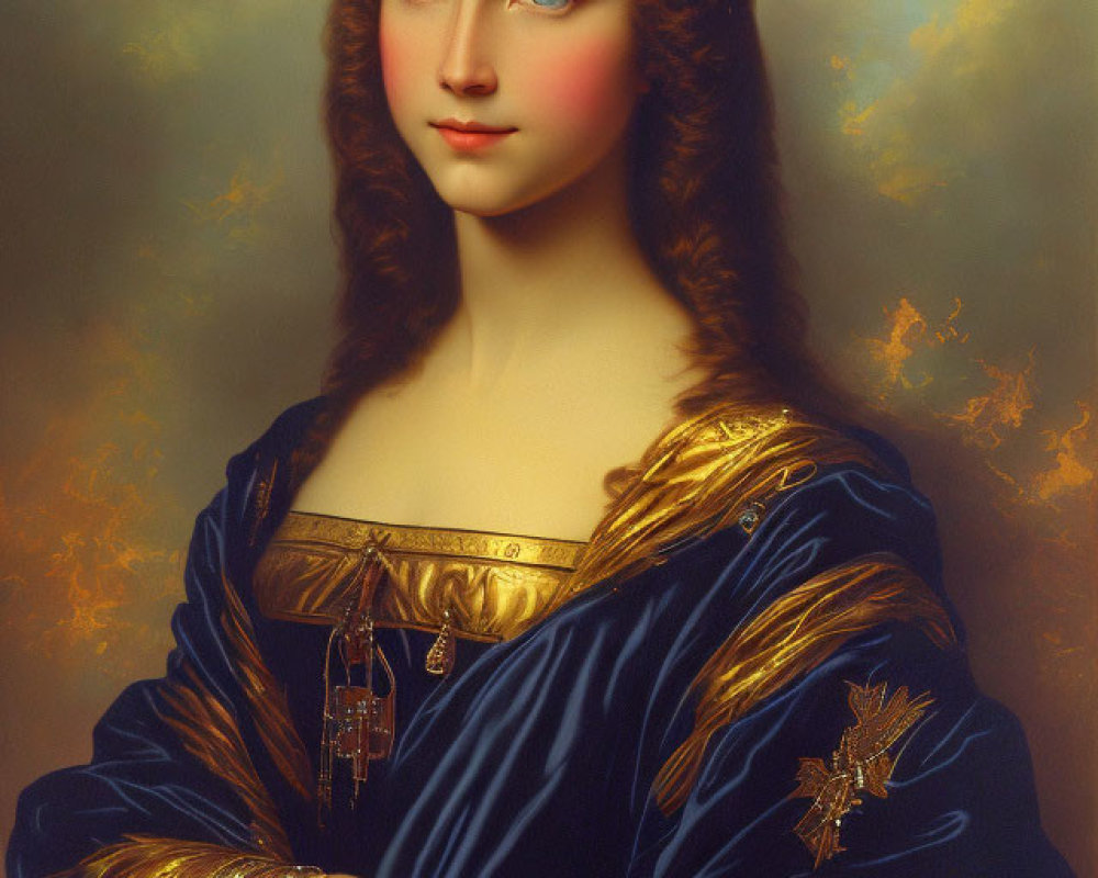 Woman Portrait in Blue Satin Dress with Golden Trim and Jewelry on Autumnal Background