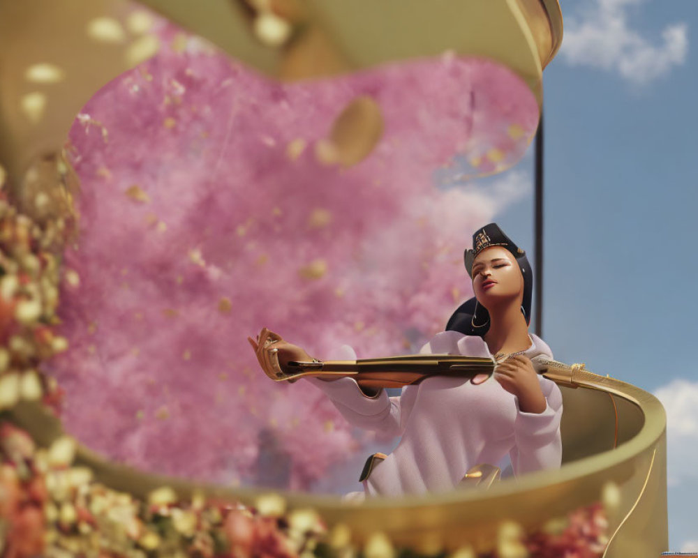 Animated woman playing traditional stringed instrument among swirling golden ribbons and pink cherry blossoms.