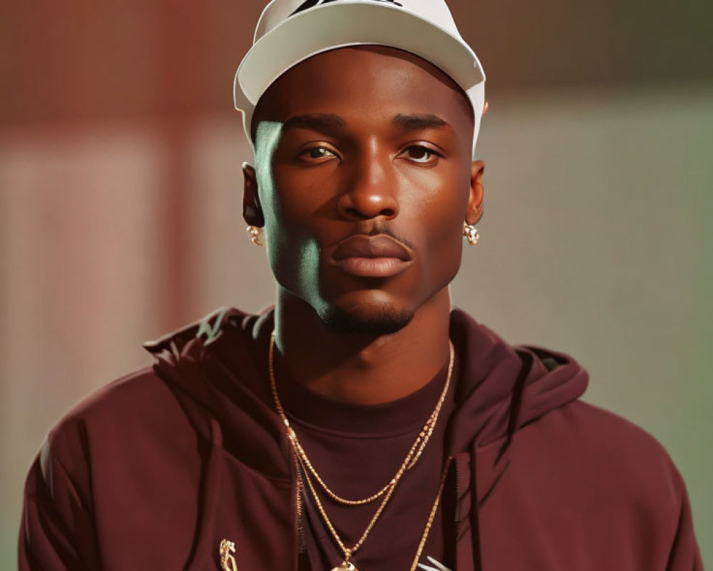 Man in white cap and burgundy hoodie with gold chain and pendant under warm light.