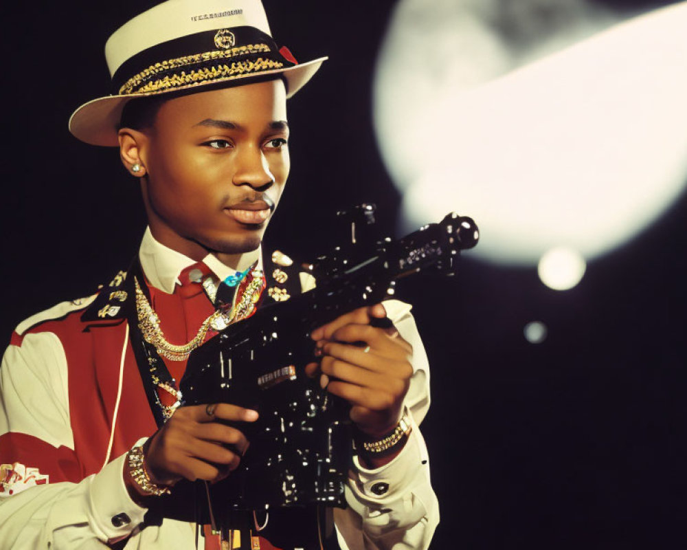 Ceremonial uniform person with hat holding video camera under moon.