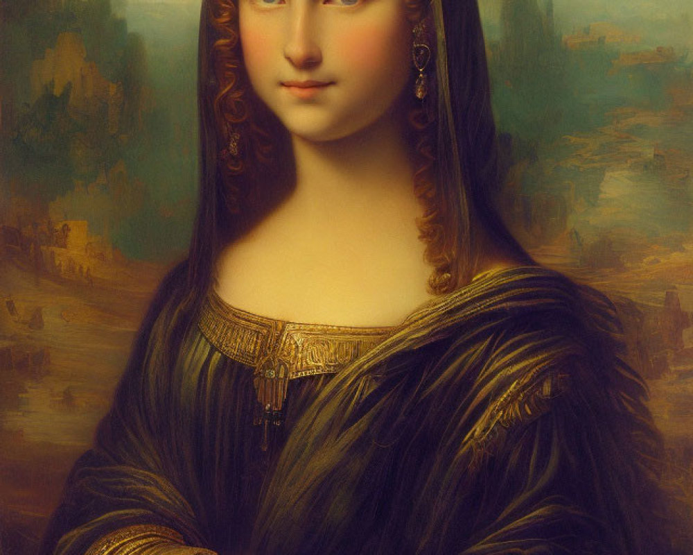 Classic Painting: Woman with Serene Expression, Long Curly Hair, Black Dress, Gold Trim,