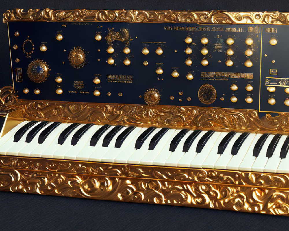 Gold and Navy Blue Ornate Piano with Elaborate Celestial Designs