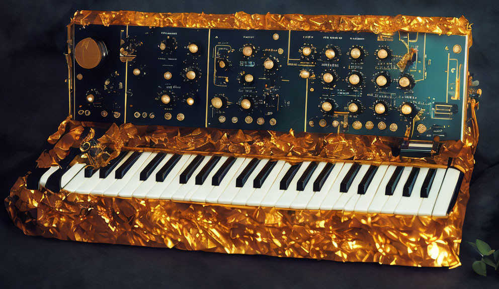 Black and Gold Synthesizer with Keyboard, Knobs, and Switches on Dark Surface