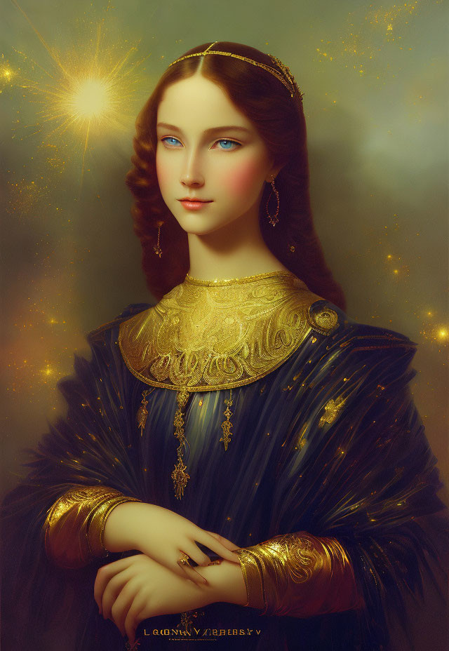 Portrait of a regal woman in gold-embellished blue dress and halo