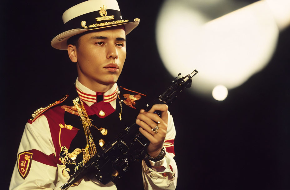 Person in ornate military uniform with white hat holding rifle in front of dark background with blurred light source