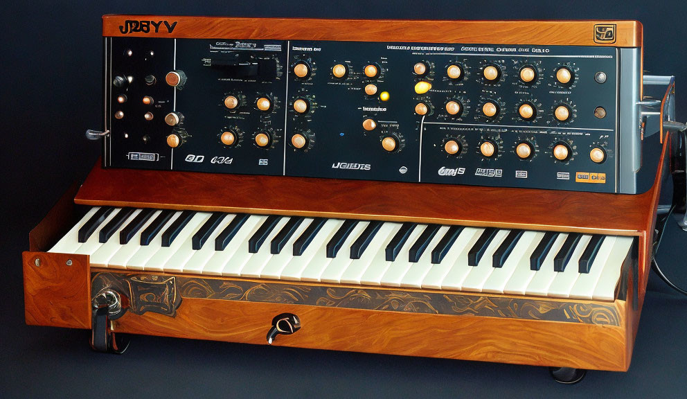 Vintage Analog Synthesizer with Wooden Case and Keyboard