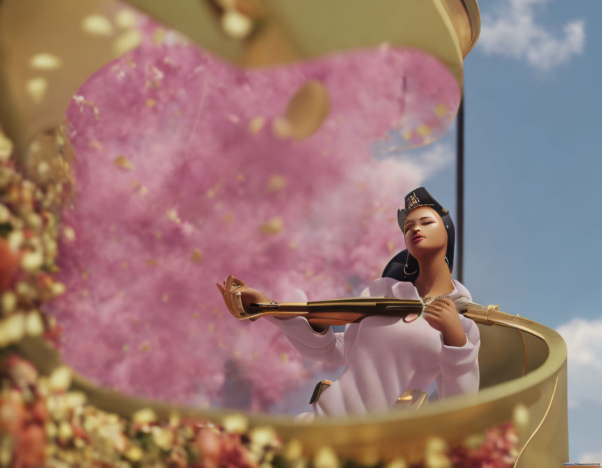 Animated woman playing traditional stringed instrument among swirling golden ribbons and pink cherry blossoms.